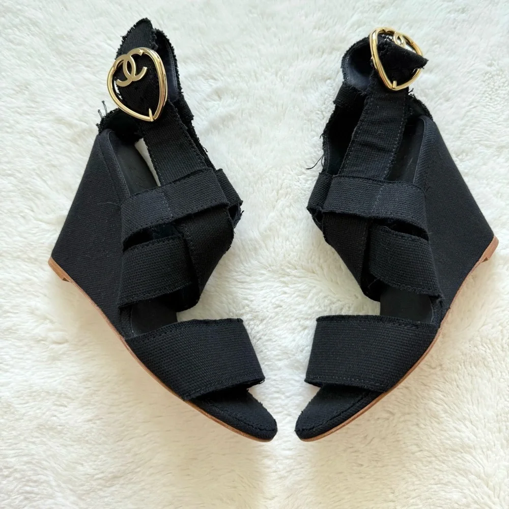 CHANEL Authentic Sandals Canvas Black Gold Color Coco Wedges Size 40 EU or 10 US